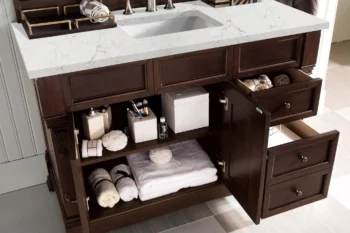 Brookfield 48" Single Vanity, Burnished Mahogany w/ 3 CM Eternal Jasmine Pearl Quartz Top - Image 4