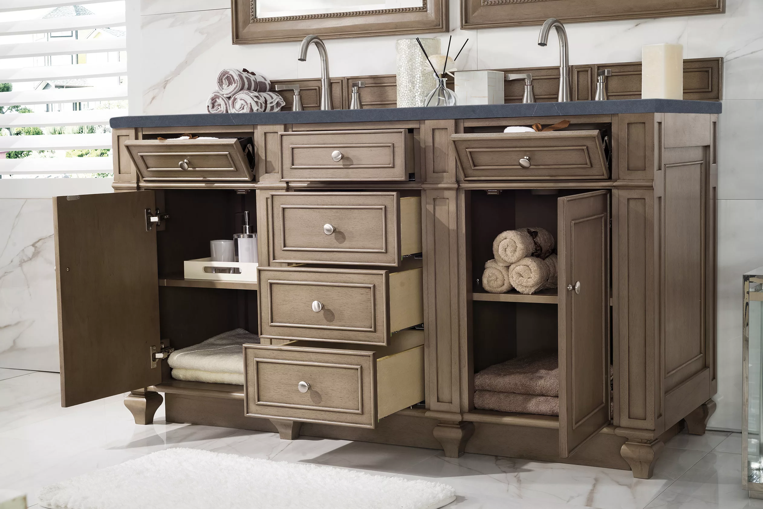 Bristol 60" Double Vanity, Whitewashed Walnut w/ 3 CM Charcoal Soapstone Quartz Top - Image 4