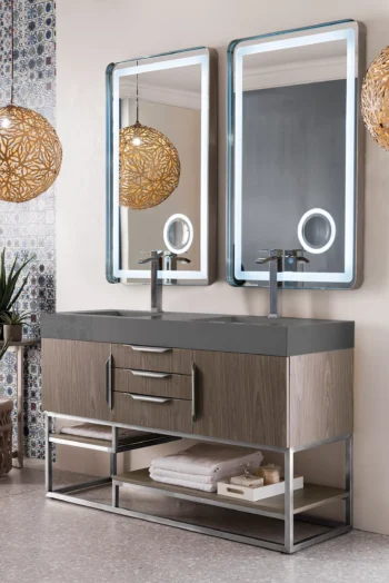 Columbia 59" Double Vanity, Ash Gray w/ Dusk Grey Glossy Composite Stone Top - Image 3