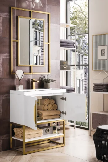 Columbia 31.5" Single Vanity, Glossy White, Radiant Gold, w/ White Glossy Composite Stone Top - Image 4