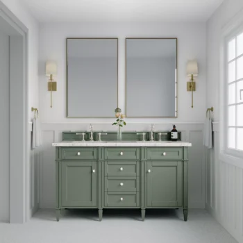 Brittany 60" Double Vanity, Smokey Celadon w/ 3 CM Eternal Jasmine Pearl Top - Image 3