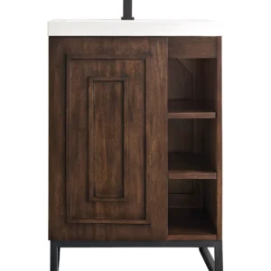 Alicante 24″ Single Vanity, Mid-Century Acacia, Matte Black w/ White Glossy Composite Stone Top
