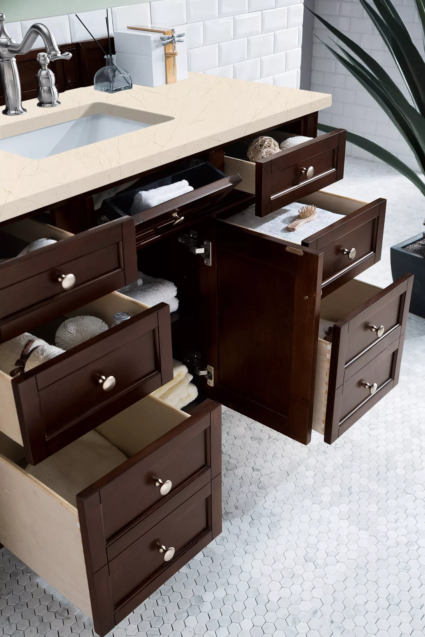 Brittany 48" Single Vanity, Burnished Mahogany w/ 3 CM Eternal Marfil Quartz Top - Image 4