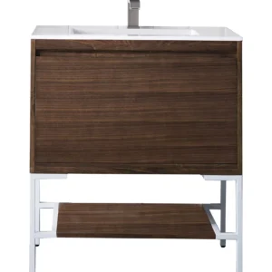 Milan 31.5″ Single Vanity, Mid-Century Walnut, Glossy White w/ Glossy White Composite Stone Top