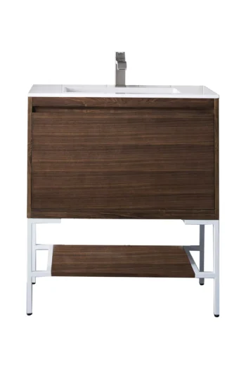 Milan 31.5" Single Vanity, Mid-Century Walnut, Glossy White w/ Glossy White Composite Stone Top