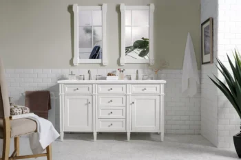 Brittany 60" Double Vanity, Bright White Vanity w/ 3 CM Arctic Fall Solid Surface Top - Image 2