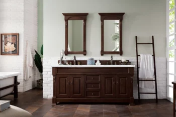 Brookfield 72" Double Vanity, Burnished Mahogany w/ 3 CM Ethereal Noctis Quartz Top - Image 2