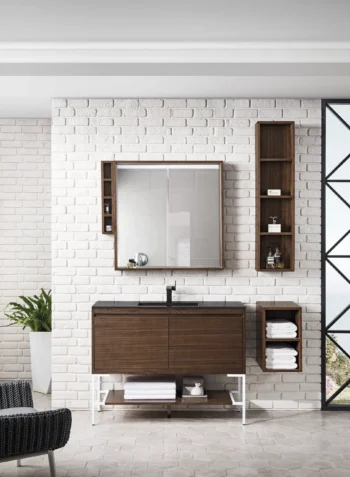 Milan 47.3" Single Vanity, Mid-Century Walnut, Glossy White w/ Charcoal Black Composite Stone Top - Image 2