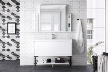 Milan 47.3" Single Vanity, Glossy White, Matte Black w/ Glossy White Composite Stone Top - Image 2