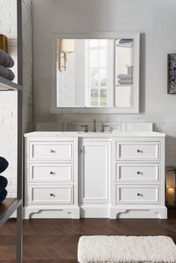 De Soto 60" Single Vanity, Bright White w/ 3 CM Eternal Jasmine Pearl Quartz Top - Image 2