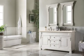 Brookfield 60" Double Vanity, Bright White w/ 3 CM Eternal Marfil Quartz Top - Image 3