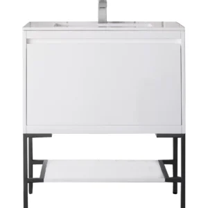 Milan 31.5″ Single Vanity, Glossy White, Matte Black w/ Glossy White Composite Stone Top