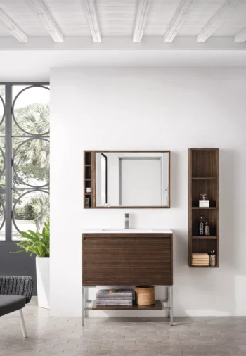 Mantova 35.4" Single Vanity, Mid-Century Walnut, Brushed Nickel Base w/ Glossy White Composite Stone Top - Image 2