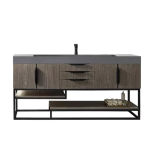Columbia 72″ Single Vanity, Ash Gray, Matte Black w/ Dusk Grey Glossy Composite Stone Top