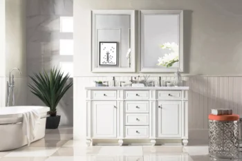 Bristol 60" Double Vanity, Bright White w/ 3 CM Arctic Fall Solid Surface Top - Image 2