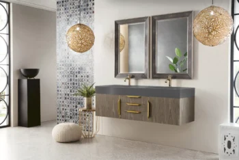 Mercer Island 59" Double Vanity, Ash Gray, Radiant Gold w/ Dusk Grey Glossy Composite Stone Top - Image 3