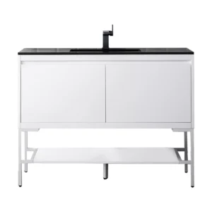 Milan 47.3″ Single Vanity, Glossy White, Glossy White w/ Charcoal Black Composite Stone Top