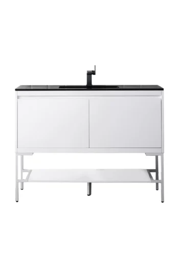 Milan 47.3" Single Vanity, Glossy White, Glossy White w/ Charcoal Black Composite Stone Top