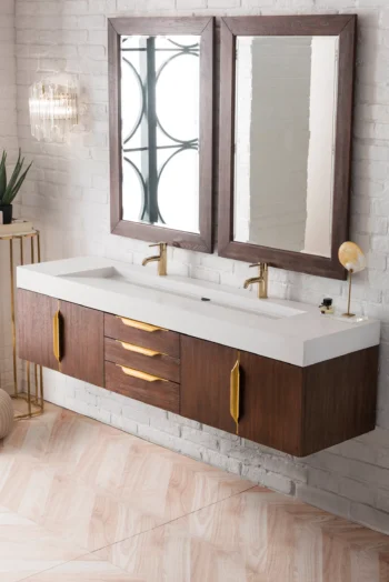 Mercer Island 72" Double Vanity, Coffee Oak, Radiant Gold w/ Glossy White Composite Stone Top - Image 3