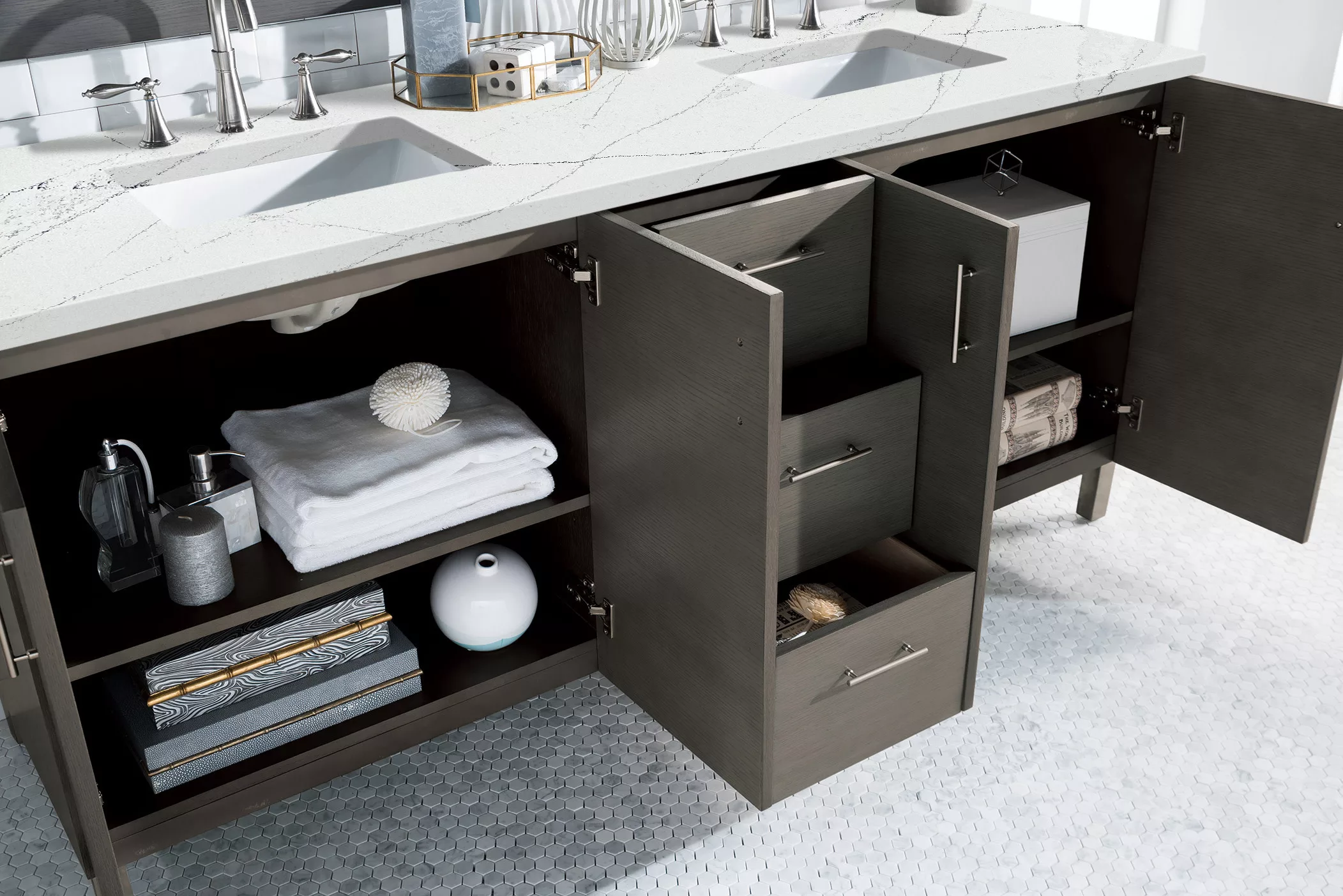 Metropolitan 72" Double Vanity, Silver Oak w/ 3 CM Ethereal Noctis Quartz Top - Image 4