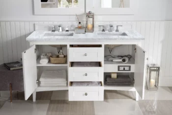 Palisades 60" Double Vanity, Bright White w/ 3 CM Carrara Marble Top - Image 4