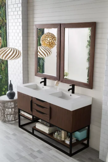 Columbia 59" Double Vanity, Coffee Oak, Matte Black w/ Glossy White Composite Stone Top - Image 3