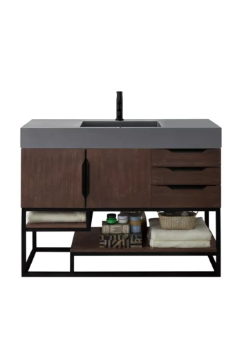 Columbia 48" Single Vanity, Coffee Oak, Matte Black w/ Dusk Grey Glossy Composite Stone Top