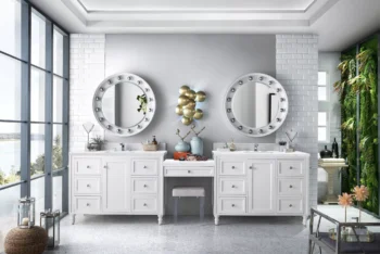 Copper Cove Encore 122" Double Vanity Set, Bright White w/ 3 CM Arctic Fall Solid Surface Top - Image 2