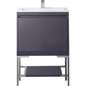 Milan 23.6″ Single Vanity, Modern Gray Glossy, Brushed Nickel w/ Glossy White Composite Stone Top