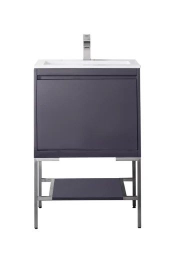 Milan 23.6" Single Vanity, Modern Gray Glossy, Brushed Nickel w/ Glossy White Composite Stone Top