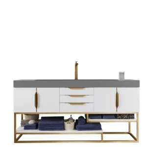 Columbia 72″ Single Vanity, Glossy White, Radiant Gold w/ Dusk Grey Glossy Composite Stone Top