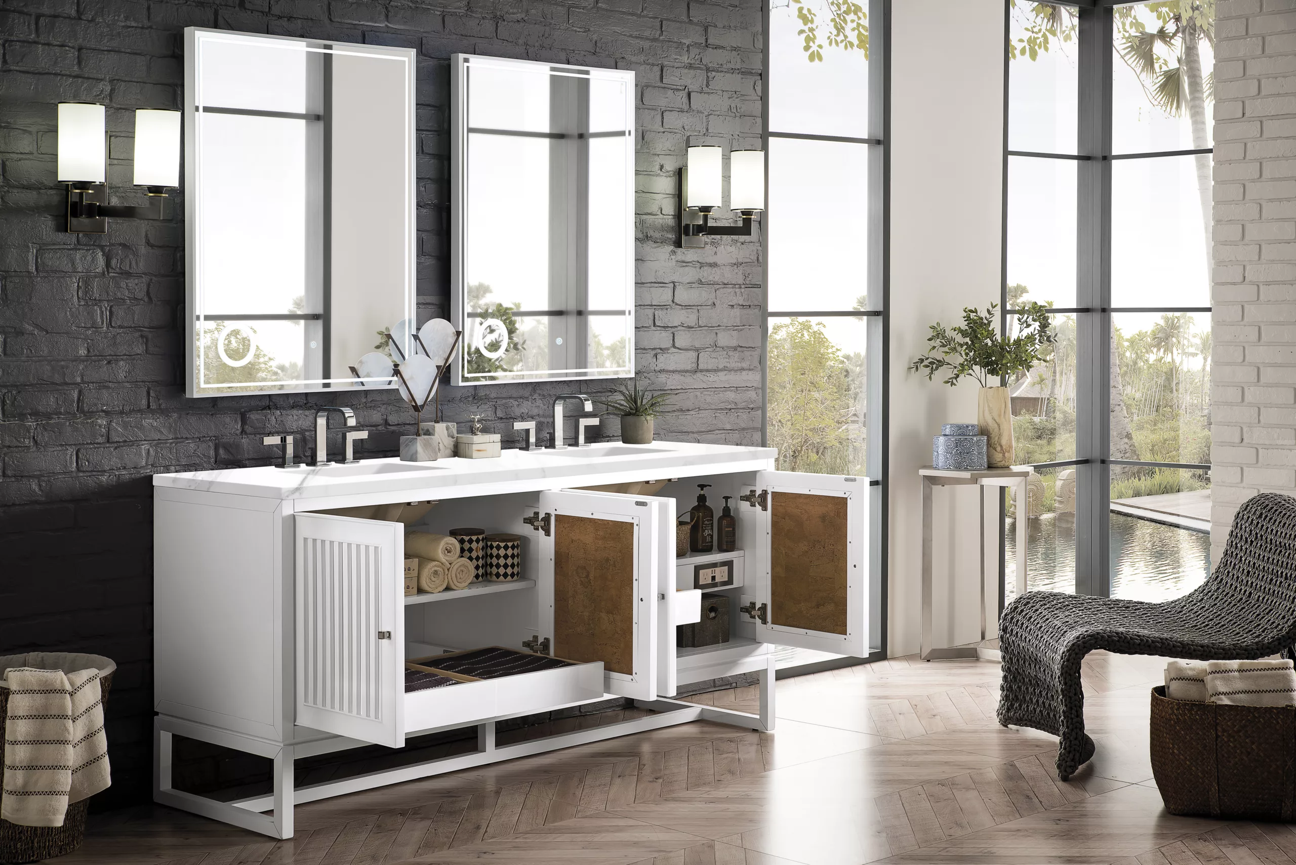 Athens 72" Double Vanity, Glossy White w/ 3 CM Carrara White Top - Image 6