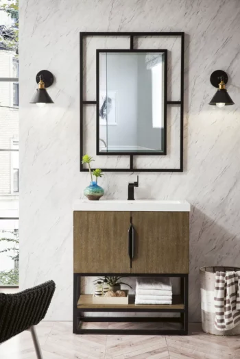Columbia 31.5" Single Vanity, Latte Oak, Matte Black, w/ White Glossy Composite Stone Top - Image 2