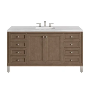 Chicago 60″ Single Vanity, Whitewashed Walnut w/ 3 CM Arctic Fall Solid Surface Top