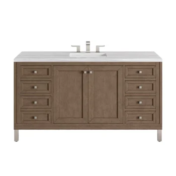 Chicago 60" Single Vanity, Whitewashed Walnut w/ 3 CM Arctic Fall Solid Surface Top