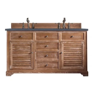Savannah 60″ Double Vanity, Driftwood w/ 3 CM Charcoal Soapstone Quartz Top
