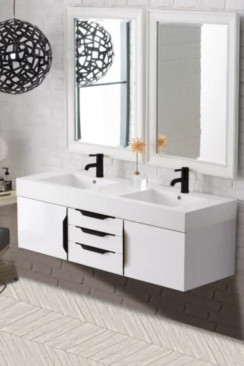 Mercer Island 59" Double Vanity, Glossy White, Matte Black w/ Glossy White Composite Stone Top - Image 3