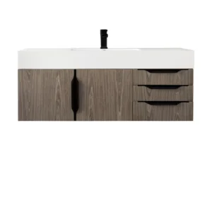 Mercer Island 48″ Single Vanity, Ash Gray, Matte Black w/ Glossy White Composite Stone Top