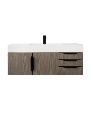 Mercer Island 48" Single Vanity, Ash Gray, Matte Black w/ Glossy White Composite Stone Top