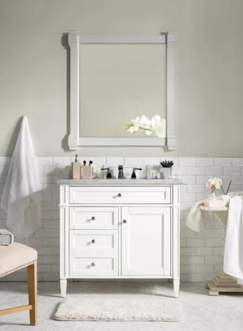 Brittany 36" Single Vanity, Bright White w/ 3 CM Carrara Marble Top - Image 2