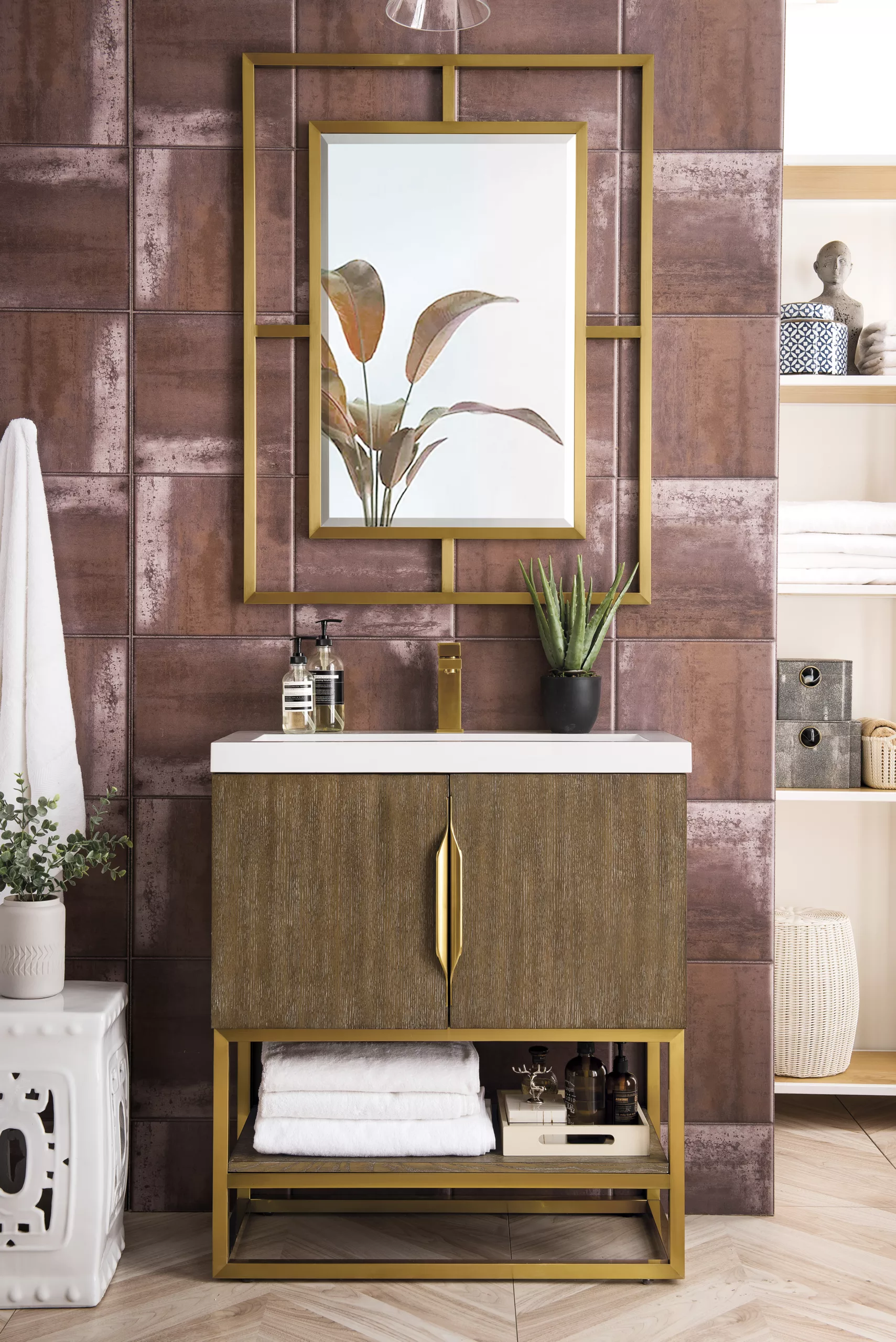 Columbia 31.5" Single Vanity, Latte Oak, Radiant Gold, w/ White Glossy Composite Stone Top - Image 2