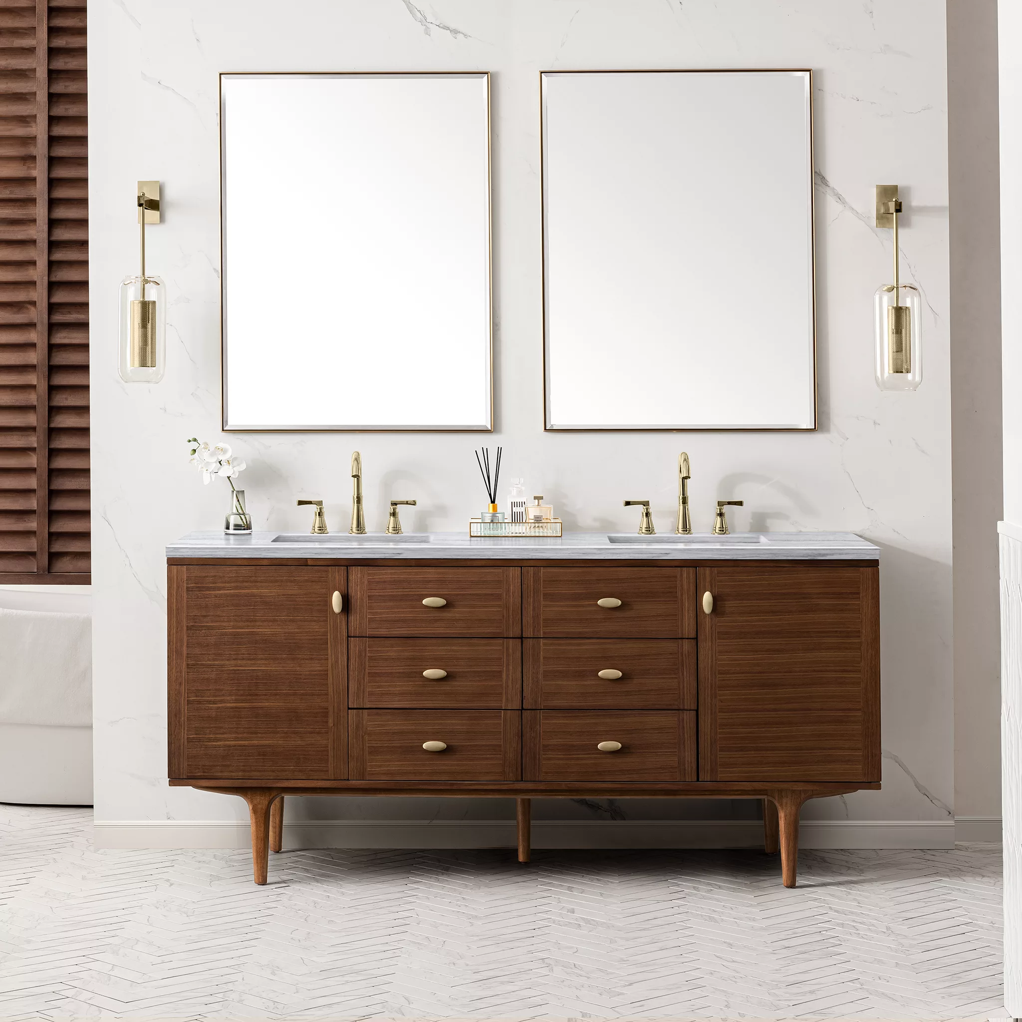 Amberly 72" Double Vanity, Mid-Century Walnut w/ 3 CM Arctic Fall Top - Image 3