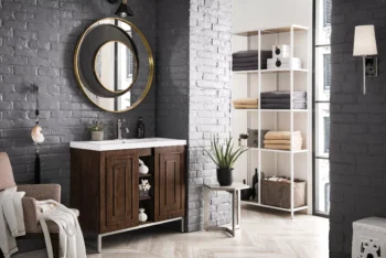 Alicante 39.5" Single Vanity, Mid-Century Acacia, Brushed Nickel w/ White Glossy Composite Stone Top - Image 3