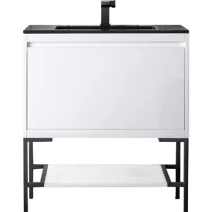 Milan 31.5″ Single Vanity, Glossy White, Matte Black w/ Charcoal Black Composite Stone Top
