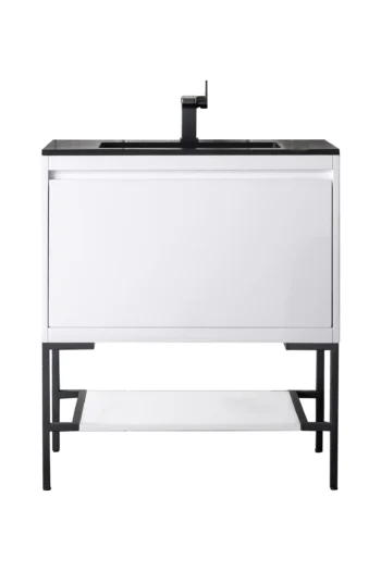 Mantova 31.5" Single Vanity, Glossy White, Matte Black Base w/ Charcoal Black Composite Stone Top