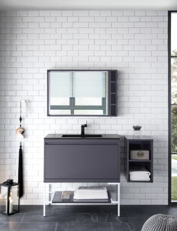 Milan 35.4" Single Vanity, Modern Gray Glossy, Glossy White w/ Charcoal Black Composite Stone Top - Image 2