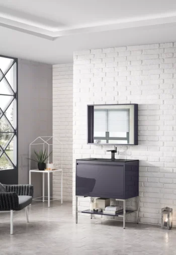 Milan 31.5" Single Vanity, Modern Gray Glossy, Brushed Nickel w/ Charcoal Black Composite Stone Top - Image 3