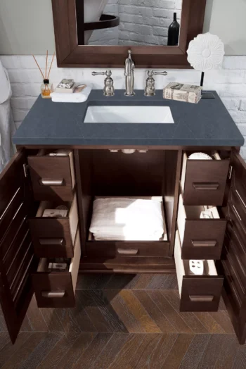 Portland 36" Single Vanity, Burnished Mahogany w/ 3 CM Charcoal Soapstone Quartz Top - Image 4