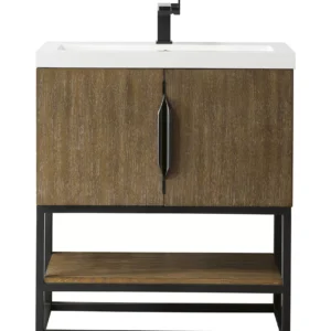 Columbia 31.5″ Single Vanity, Latte Oak, Matte Black, w/ White Glossy Composite Stone Top