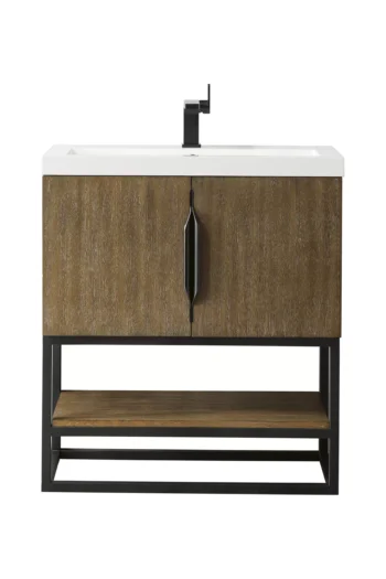 Columbia 31.5" Single Vanity, Latte Oak, Matte Black, w/ White Glossy Composite Stone Top